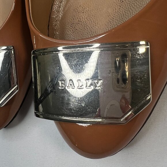 Bally Heline Patent Calf Leather Low Heels w/ metal Logo Plaque Brown 36 US 5.5 - Picture 14 of 16
